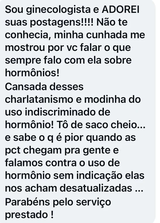 Mensagem recebida de uma ginecologista elogiando o conteúdo de Alê Grimaldi