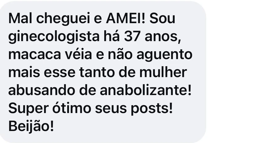 Mensagem recebida de uma ginecologista com 37 anos de profissão elogiando o conteúdo de Alê Grimaldi