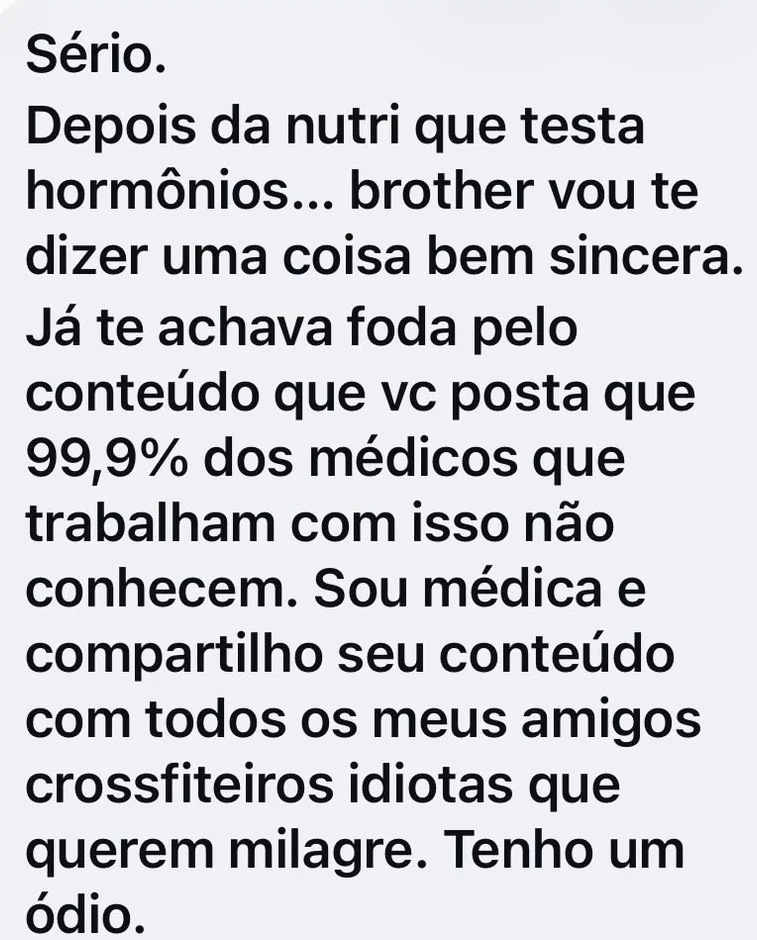 Mensagem recebida de uma médica elogiando o conteúdo de Alê Grimaldi