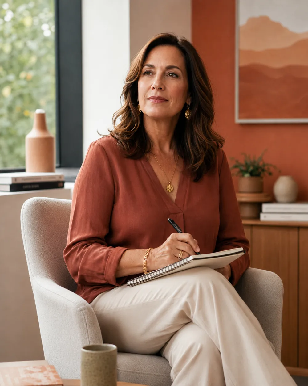 Mulher madura sentada com caderno de perguntas, pronta para a consulta, no comando da própria saúde
