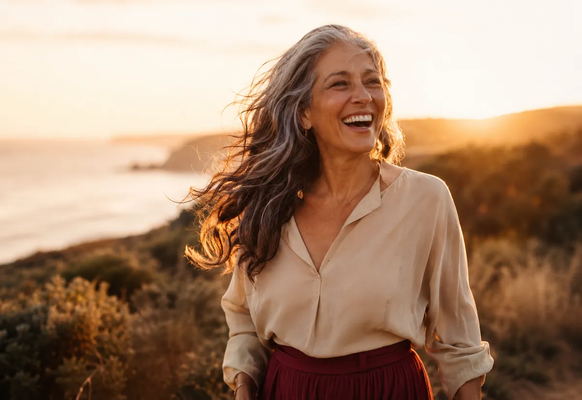 Mulher madura rindo ao pôr do sol, vivendo a melhor fase da sua vida